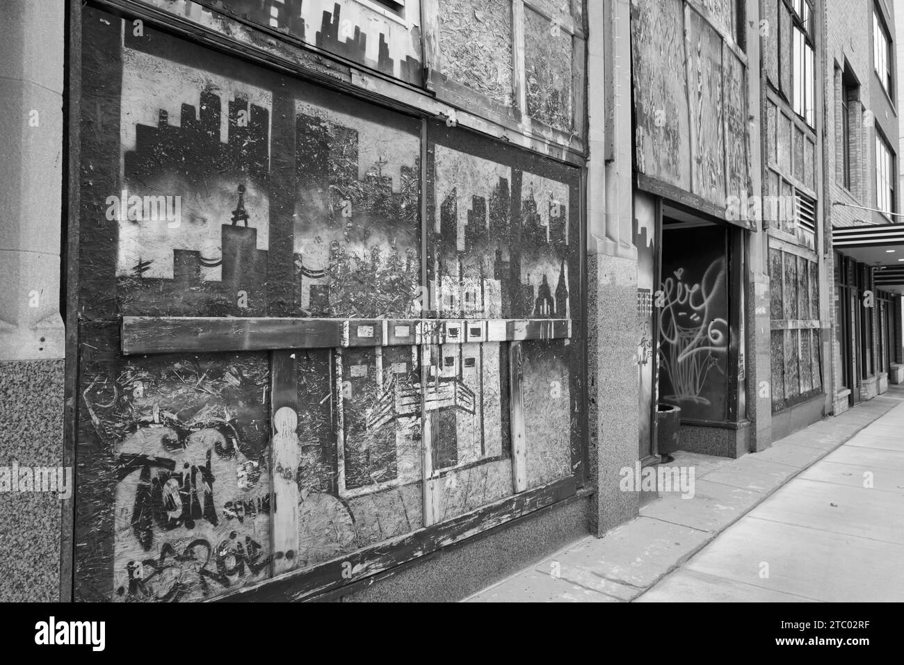 Artwork on a shuttered building in downtown Flint Michigan USA Stock