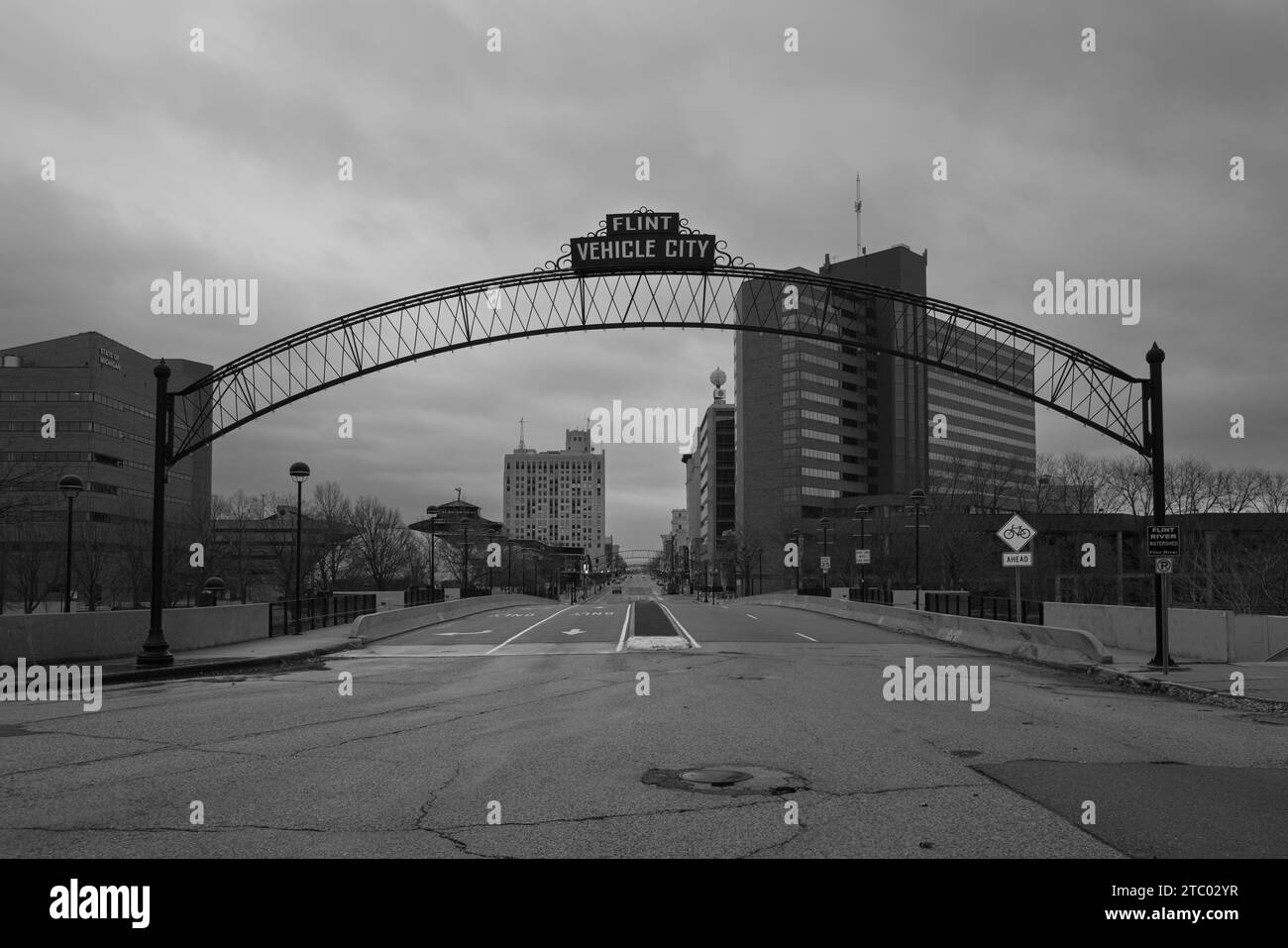 Vehicle City sign on arch, on Saginaw Street in downtown Flint Michigan