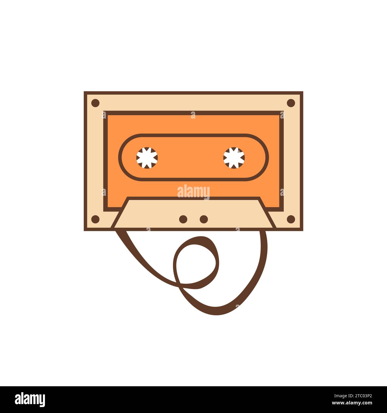 Old audio cassette with loose tape outline color icon. Retro 80s stereo music casette with records. Analogue mixtape. Oldschool compact sound cassette Stock Vector