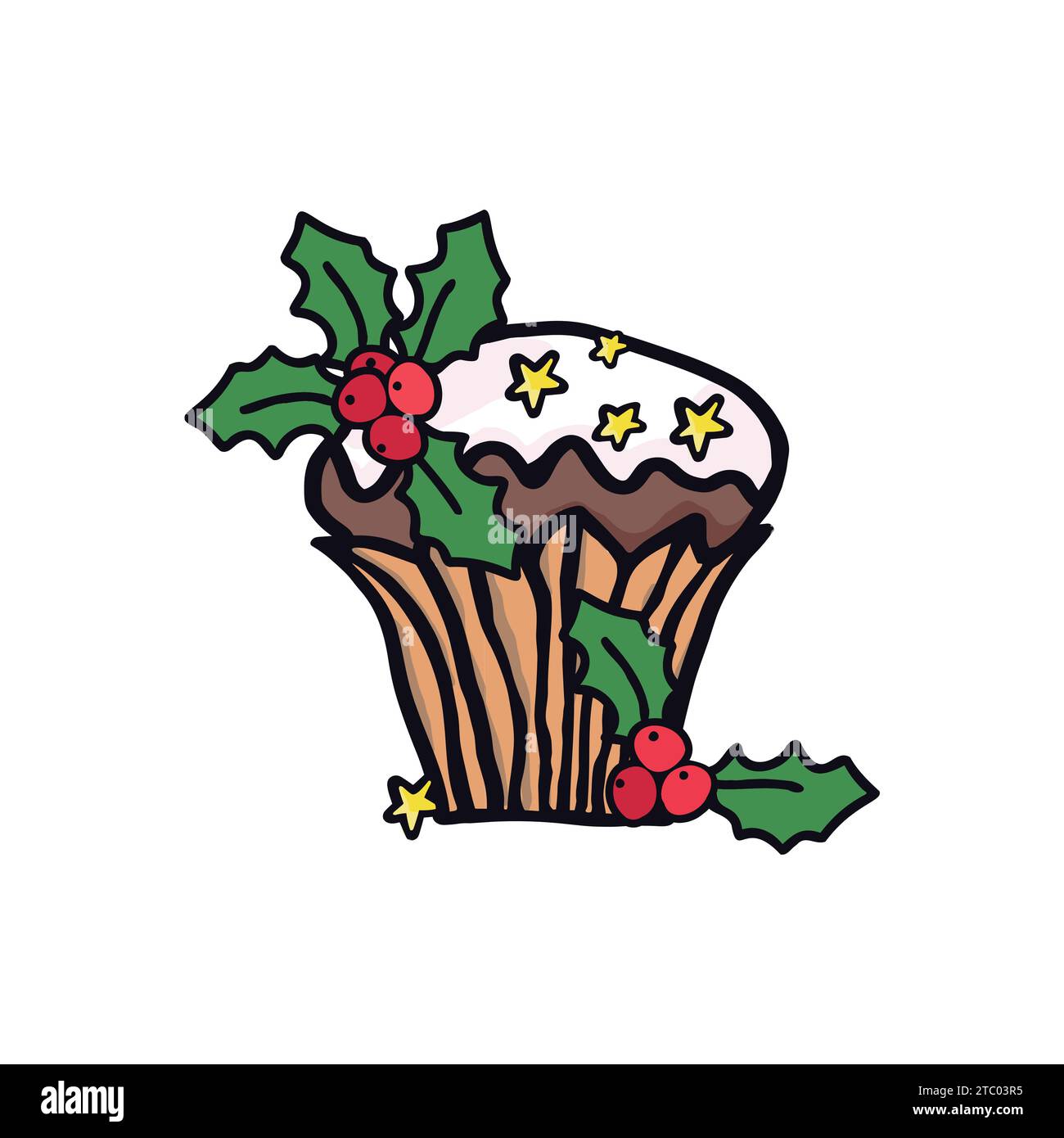 Christmas sweet cake with greenery. Clip art for decor tag, gift wrap, web banner, Vector holiday hand drawn illustration, isolated on white backgroun Stock Vector