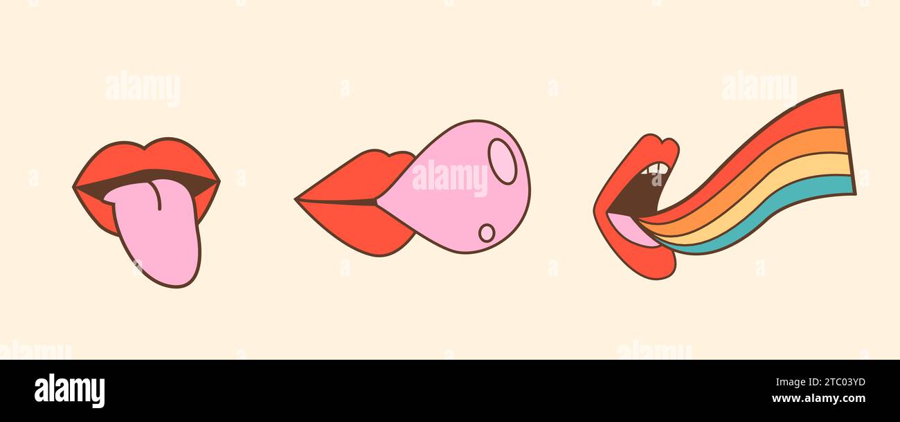 Mouth with tongue sticking out, lips blowing pink bubble gum and open