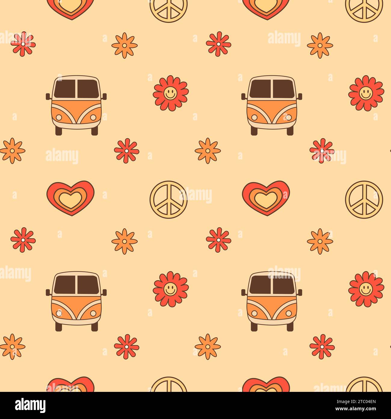 Retro seamless pattern with vintage camper van, smiling flowers and peace sign. Retro hippie culture inspired background with 70s 80s nostalgia comic Stock Vector