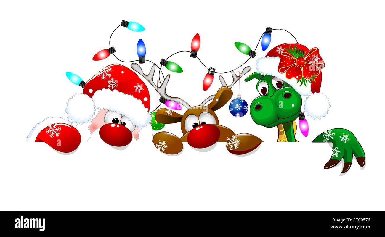 Santa Claus, deer, and dragon on a white background. Cartoon characters are dressed in Santa hats and decorated with Christmas tree decorations and a Stock Vector