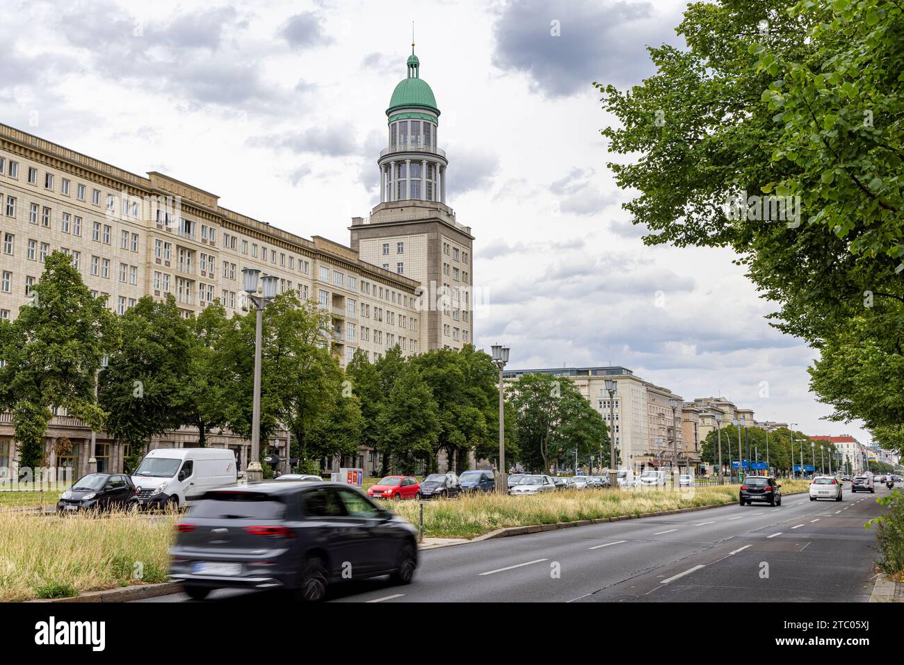 Berlin, Germany - July 23, 2023: Entering Karl Marx Allee with Frankfurter Tor in Friedrichshain Berlin in Germany. Stock Photo