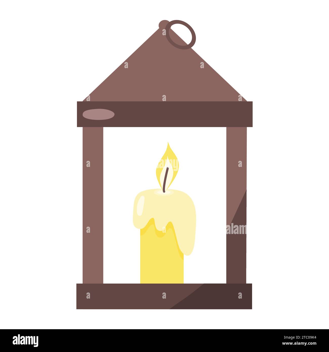 Old fashioned metal lantern with burning yellow candle, front view