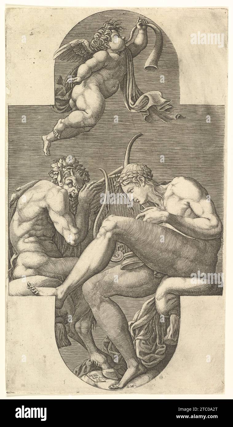 Apollo, Pan, and a Putto Blowing a Horn, a cruciform composition, from ...