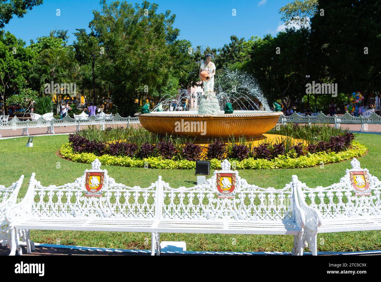 Valladolid, Yucatan, Mexico, White benches at Principal park ( Parque Principal Francisco Cantón Rosado) in Valladolid, Editorial only. Stock Photo