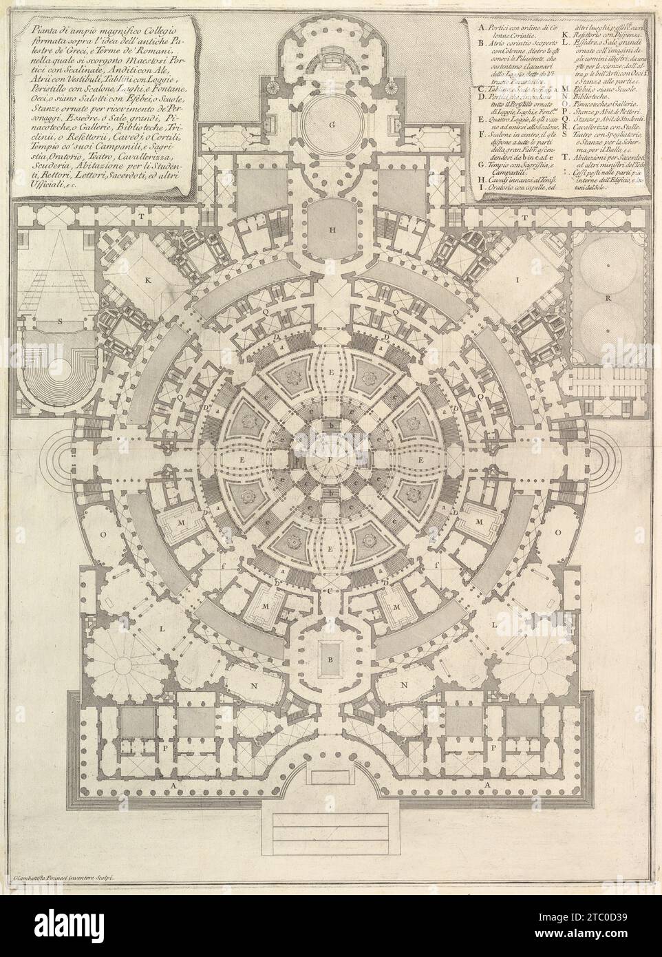 Plan of a spacious and magnificent College designed after the ancient gymnasia of the Greeks and the baths of the Romans..., from 'Opere Varie di Architettura, prospettive, grotteschi, antichita; inventate, ed incise da Giambattista Piranesi Architetto Veneziano' (Various Works of Architecture, perspectives, grotesques and antiquities; designed and etched by Giambattista Piranesi, Venetian Architect) 1937 by Giovanni Battista Piranesi Stock Photo