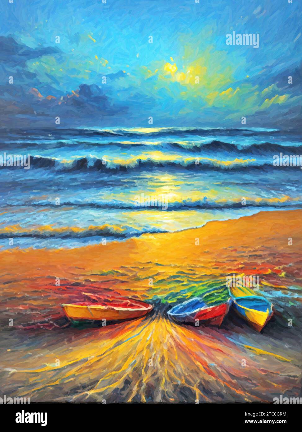 The calming sound of the waves at sunset Painting (oil on canvas). Stock Photo