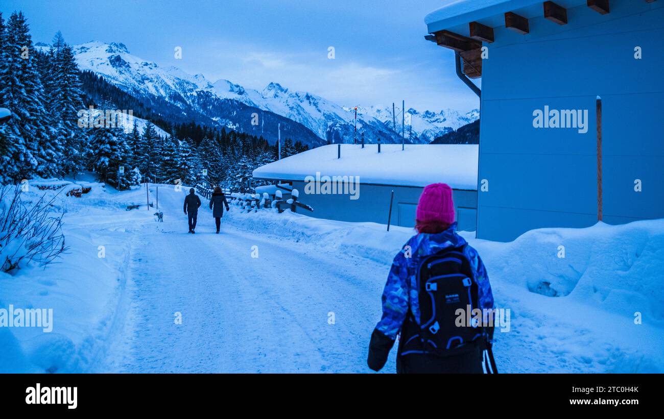 Snow clearing and hiking in Verwall, Tirol, Austria during early winter. Helipad nearby to trail Stock Photo