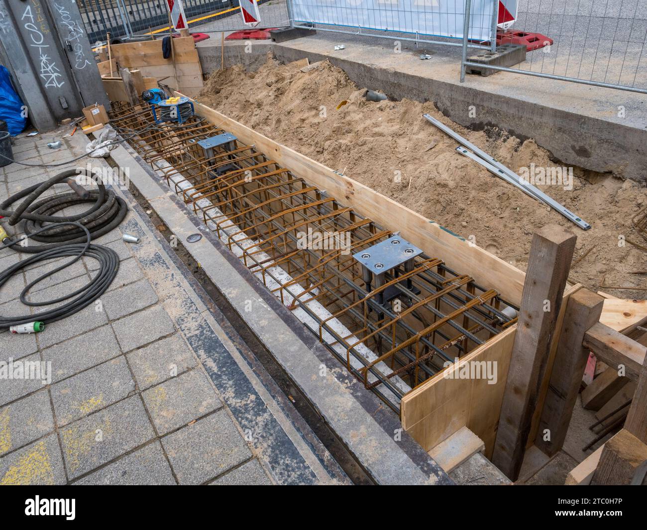A insitu concrete wooden form with steel reinforcement in place, Hamburg, Germany. Stock Photo