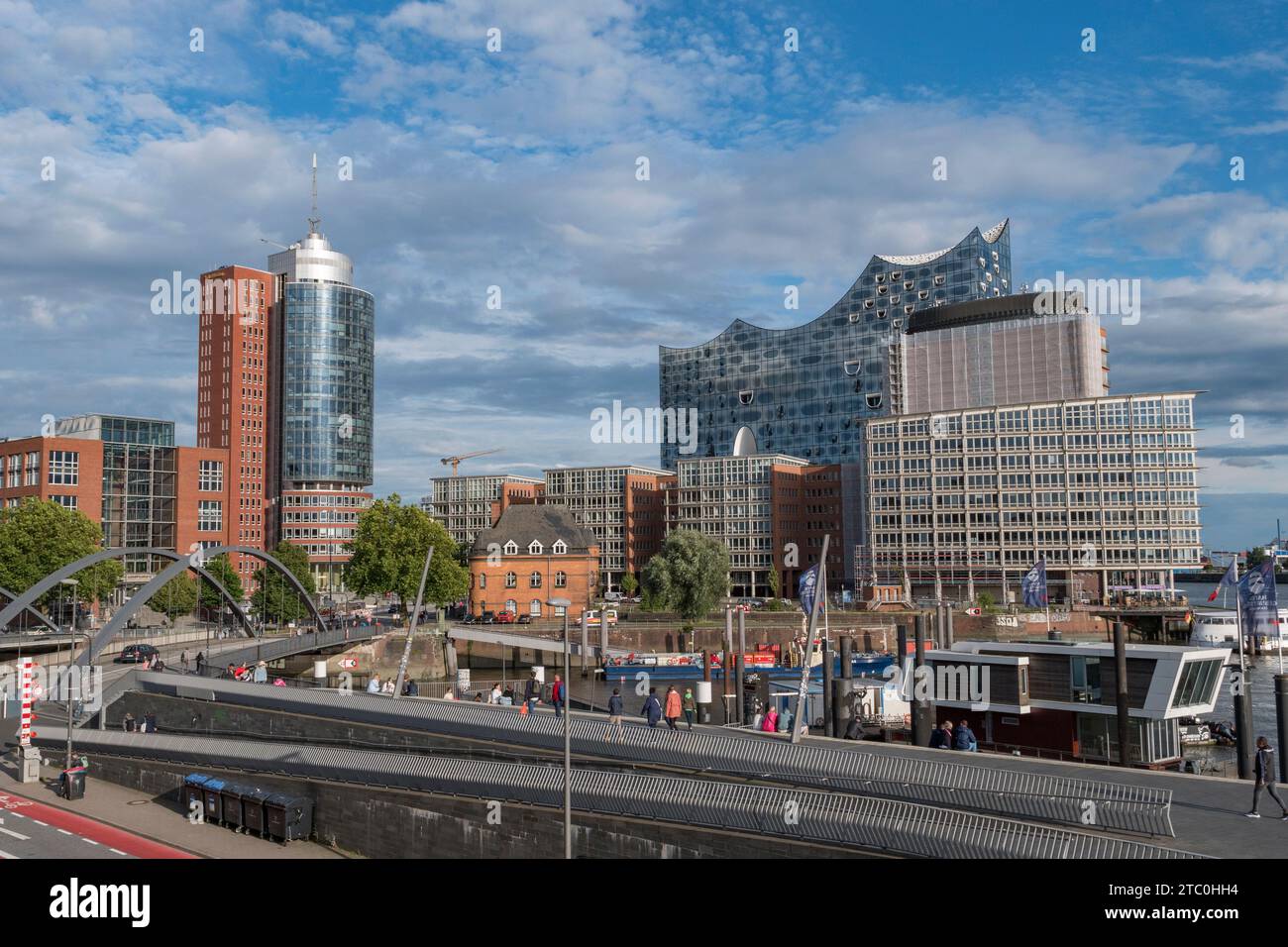 General view towards the historic Speicherstadt (now modernised) district including Columbus Haus and Elbphilharmonie, Hamburg, Germany. Stock Photo