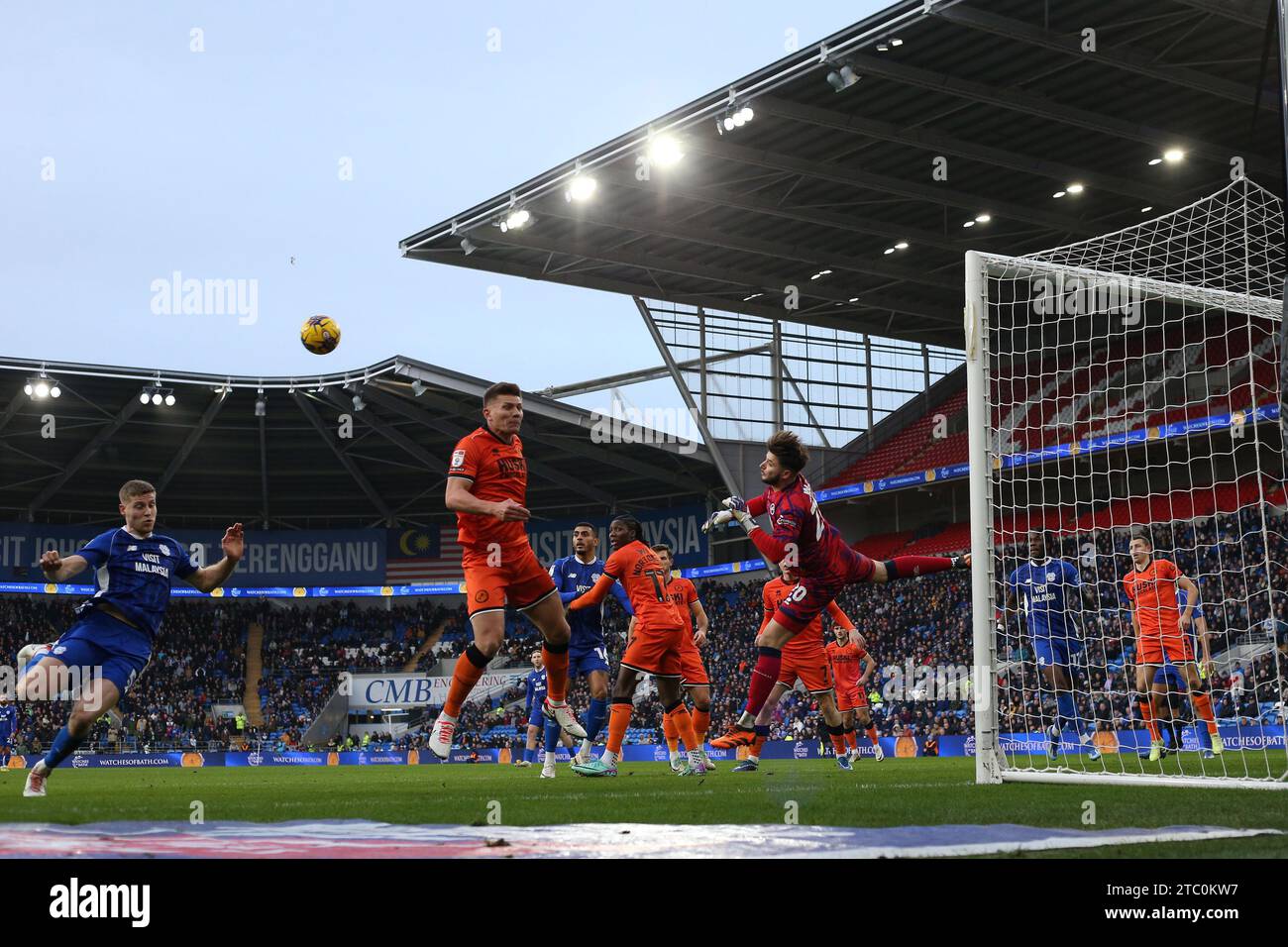 Cardiff, UK. 09th Dec, 2023. Matija Sarkic, the goalkeeper of Millwall punches clear to make a save in the 1st half. EFL Skybet championship match, Cardiff city v Millwall at the Cardiff City Stadium in Cardiff, Wales on Saturday 9th December 2023. this image may only be used for Editorial purposes. Editorial use only, pic by Andrew Orchard/Andrew Orchard sports photography/Alamy Live news Credit: Andrew Orchard sports photography/Alamy Live News Stock Photo