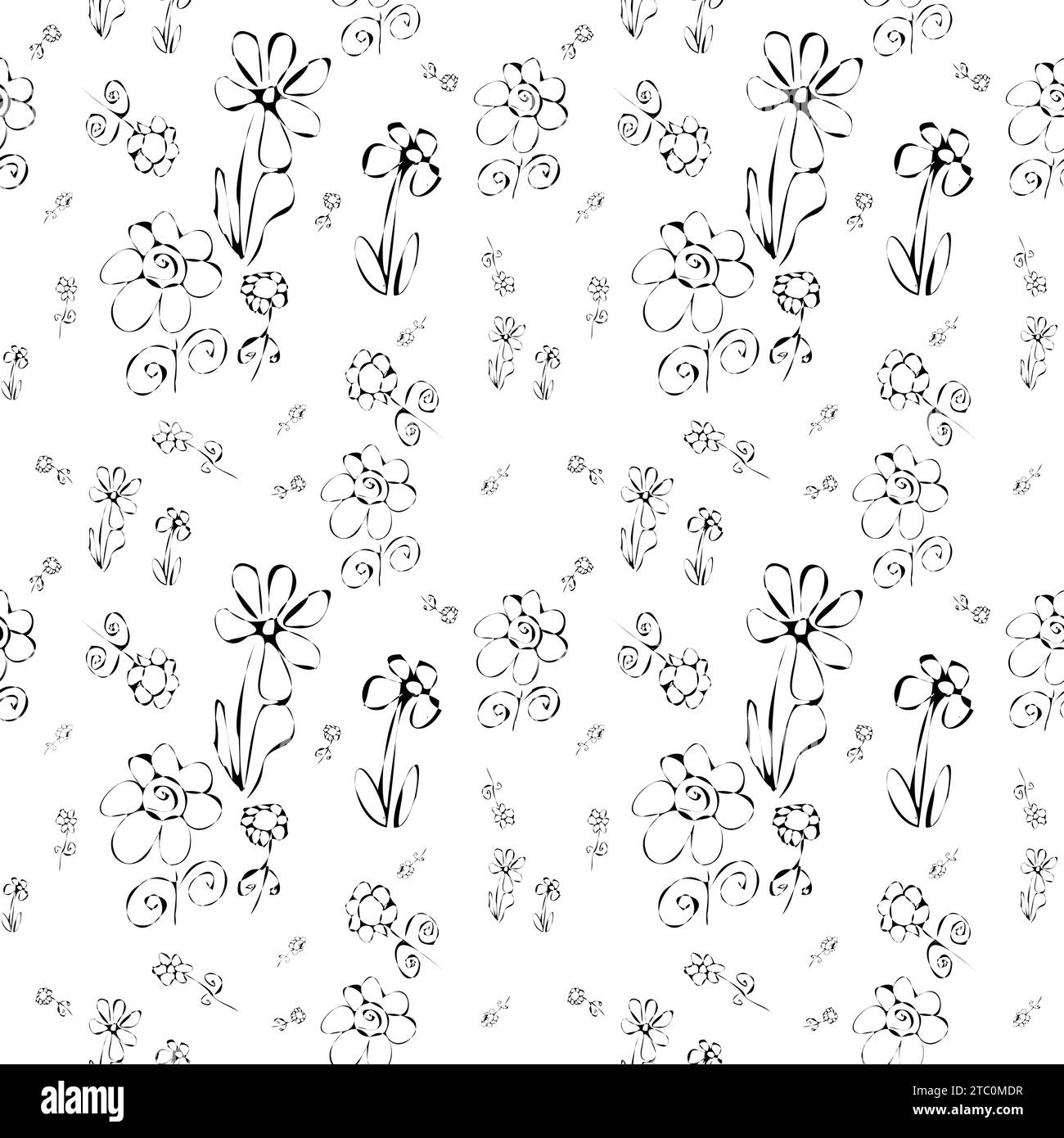 Seamless nature pattern with black and white hand drawn flowers of different sizes. Vector illustration. Stock Photo