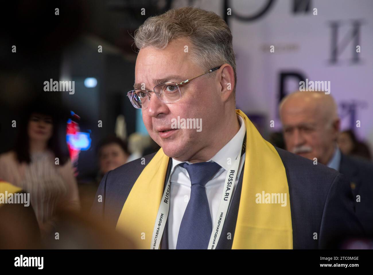 Moscow, Russia. 9th of December, 2023. Stavropol Region Governor Vladimir Vladimirov gives interviews to medias near a stand of the Stavropol Region at the Russia Expo international exhibition and forum at the VDNKh exhibition centre in Moscow, Russia Stock Photo