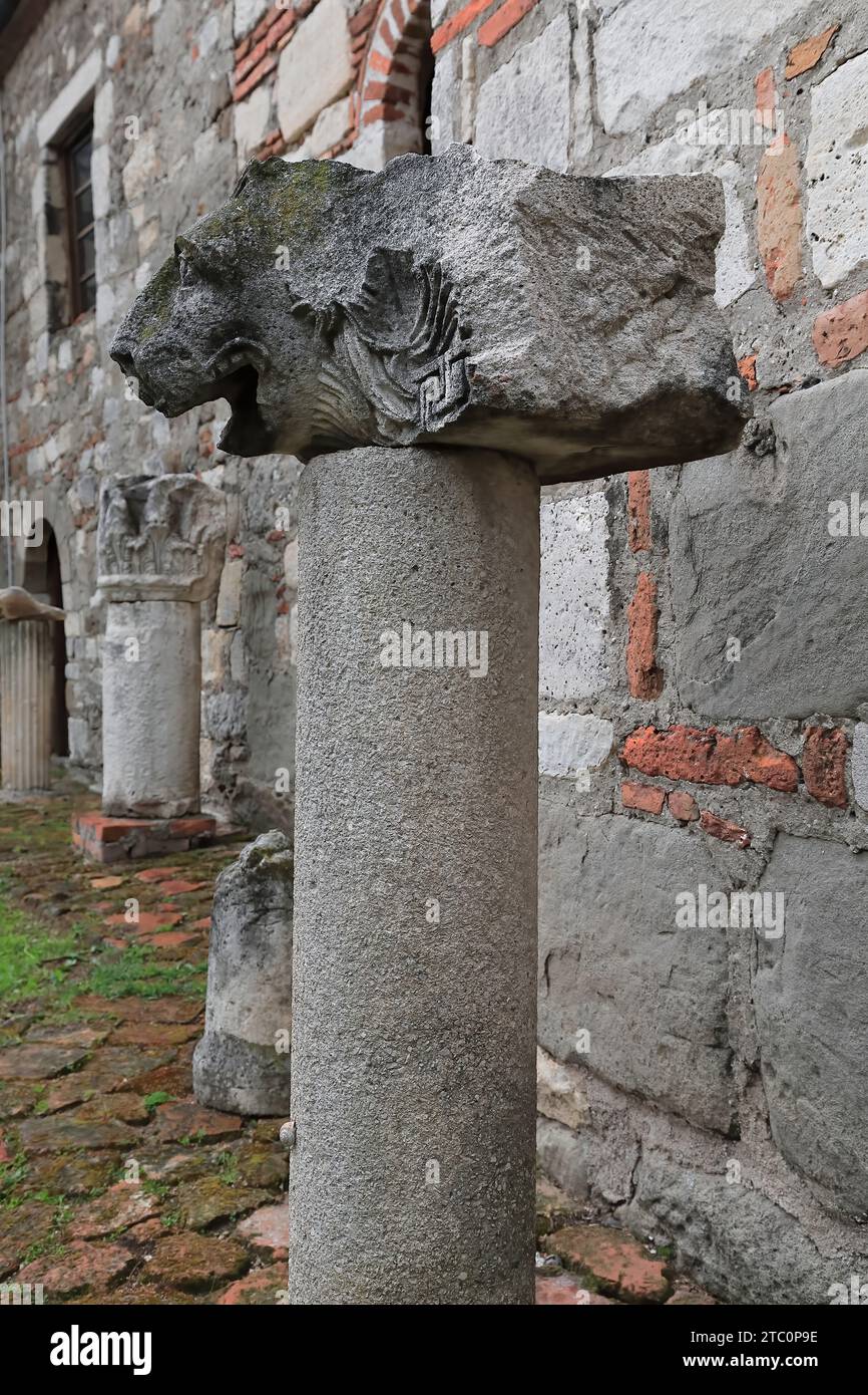 109 Lion head over pillar in the Saint Mary Monastery, spolia from the ancient ruins of the Greco-Roman city. Apollonia-Albania. Stock Photo