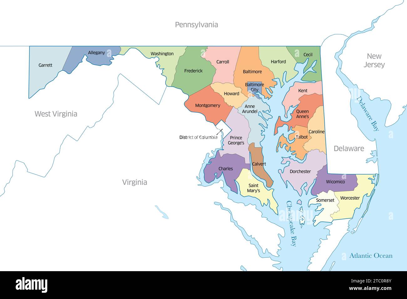 Multi Colored Map Displaying The Many Counties That Make Up The State Multi Colored Map Displaying The Many Counties That Make Up The State Of Maryland In The United States 2TC0R8Y