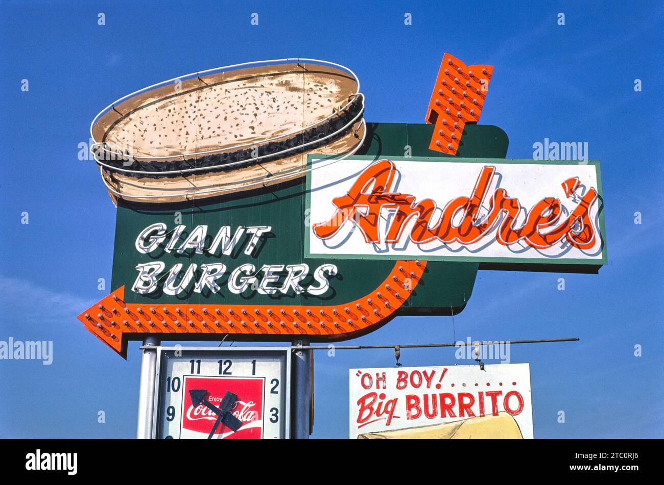 Andre's Giant Burgers fast food restaurant sign, Bakersfield, California, USA, John Margolies