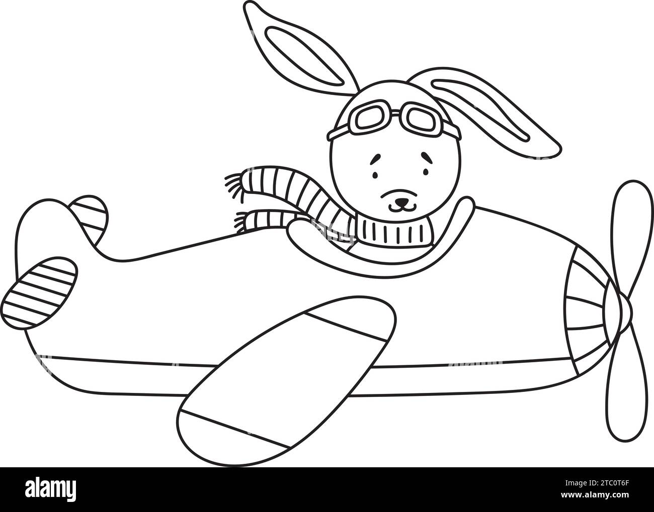 Coloring Page For Kids Featuring A Bunny Pilot Flying An Airplane, Is A Fun, Creative Coloring Book For Children Featuring Vector Illustrations Stock Vector