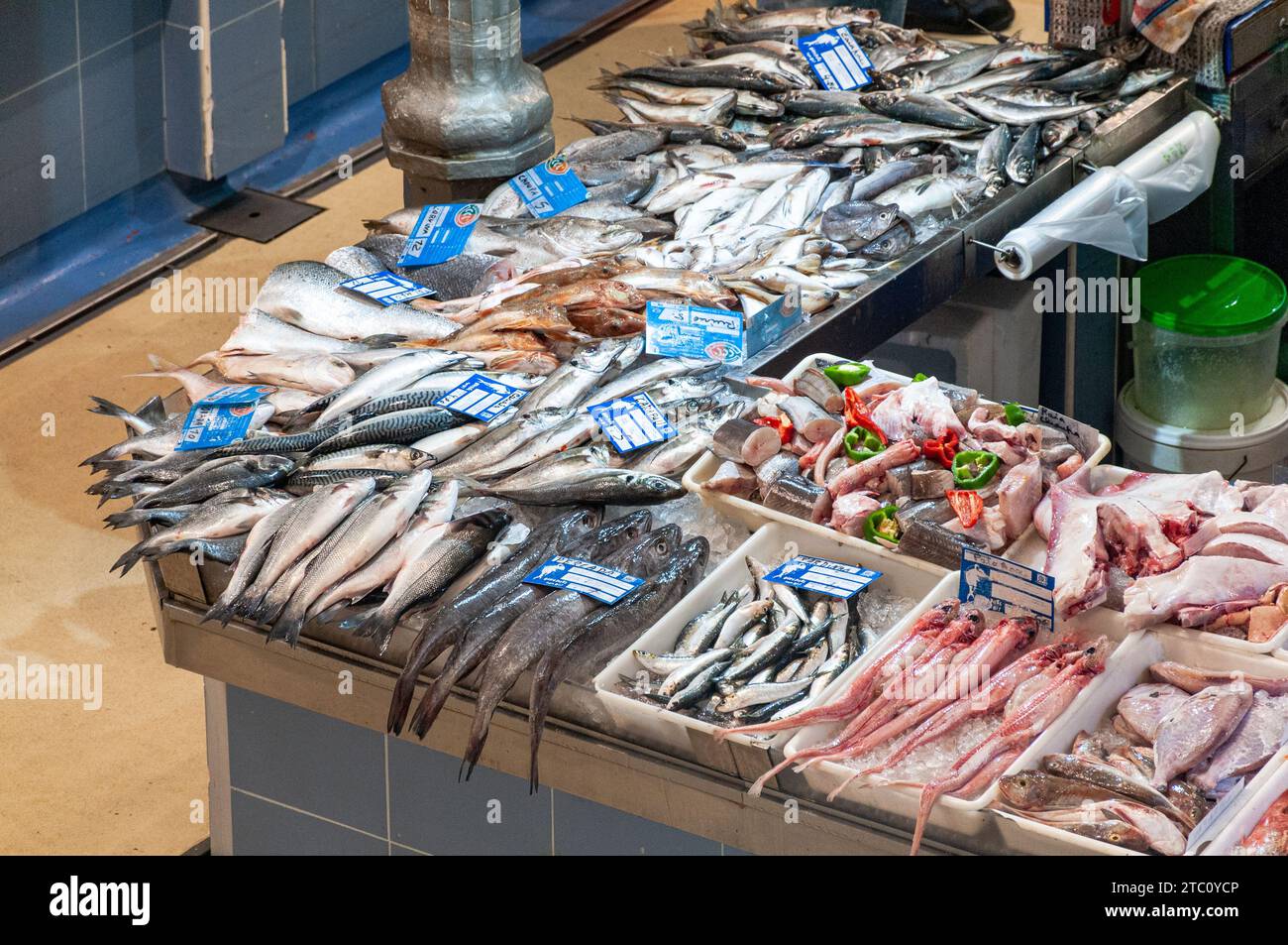 Stand with different varieties of fish at a fish market, Figueira da Foz, Portugal Stock Photo