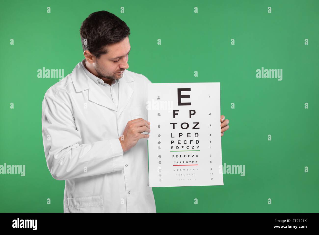 Vision Test Background Ophthalmologist with vision test chart on green background Stock Photo ...