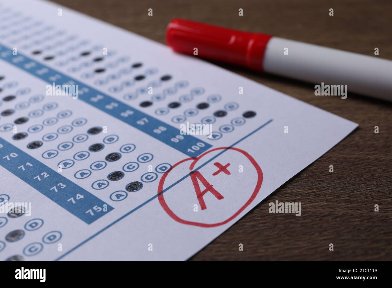 School grade. Answer sheet with red letter A, plus symbol and marker on ...