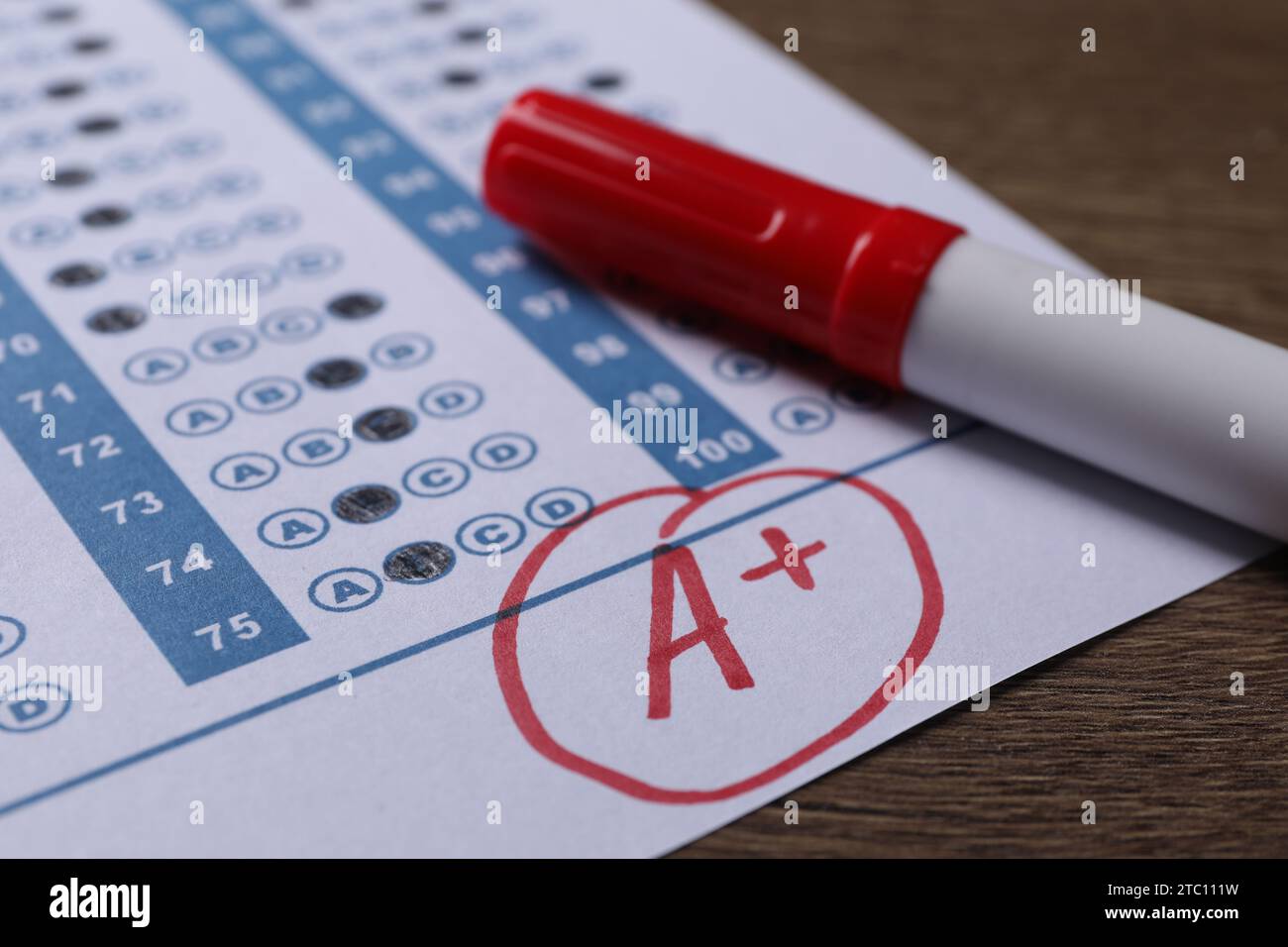 School grade. Answer sheet with red letter A, plus symbol and marker on ...