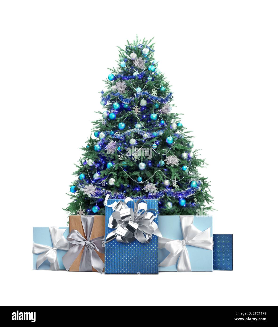 Beautiful Christmas tree with many gift boxes under on white background ...