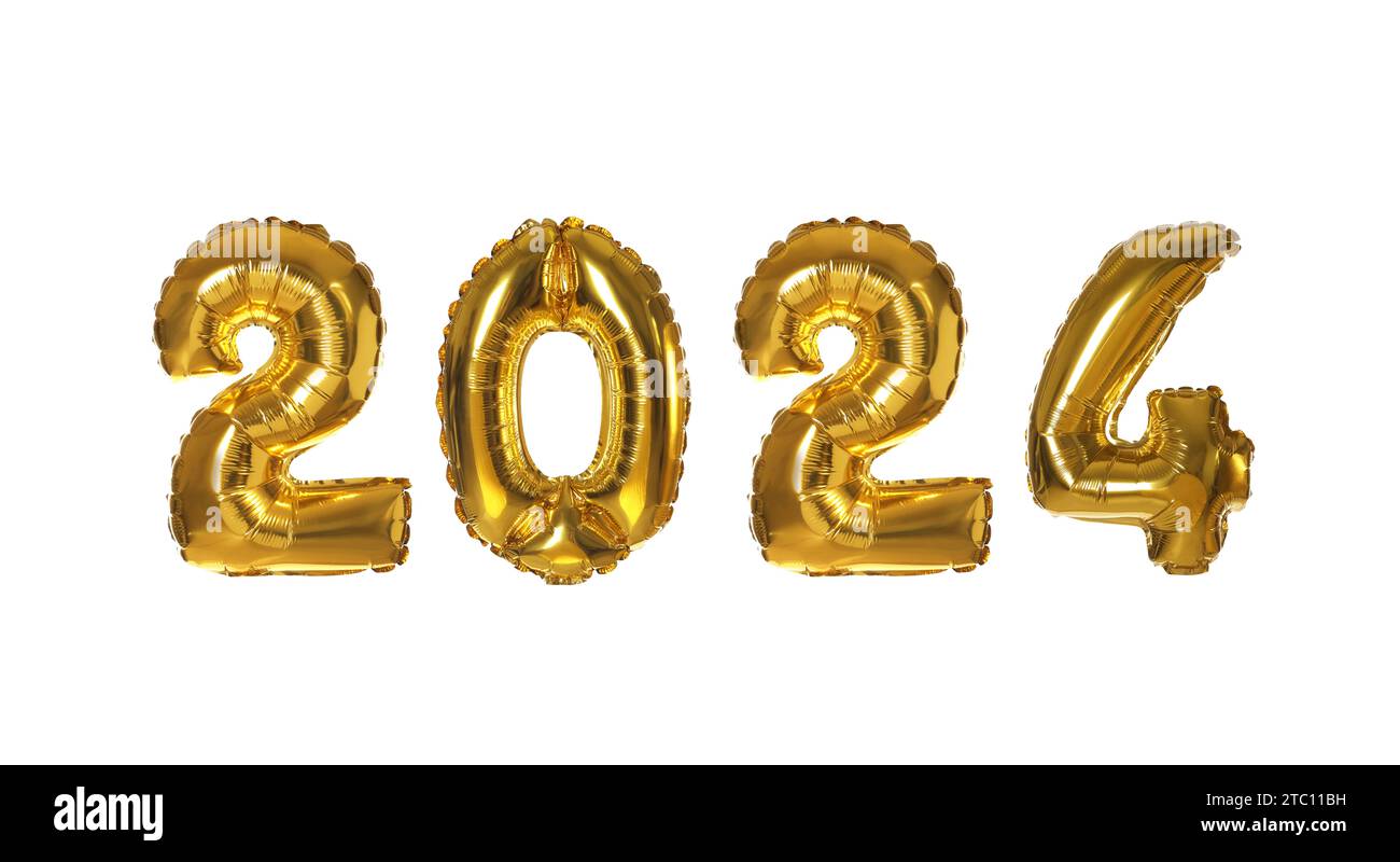 New 2024 Year. Golden number shaped balloons isolated on white Stock
