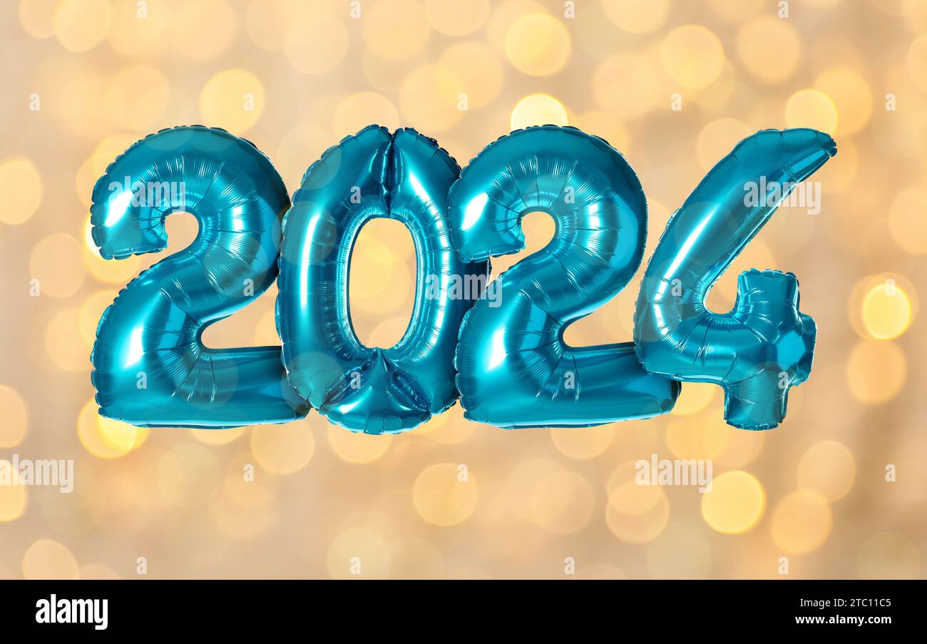 New 2024 Year. Blue number shaped balloons on golden background with ...