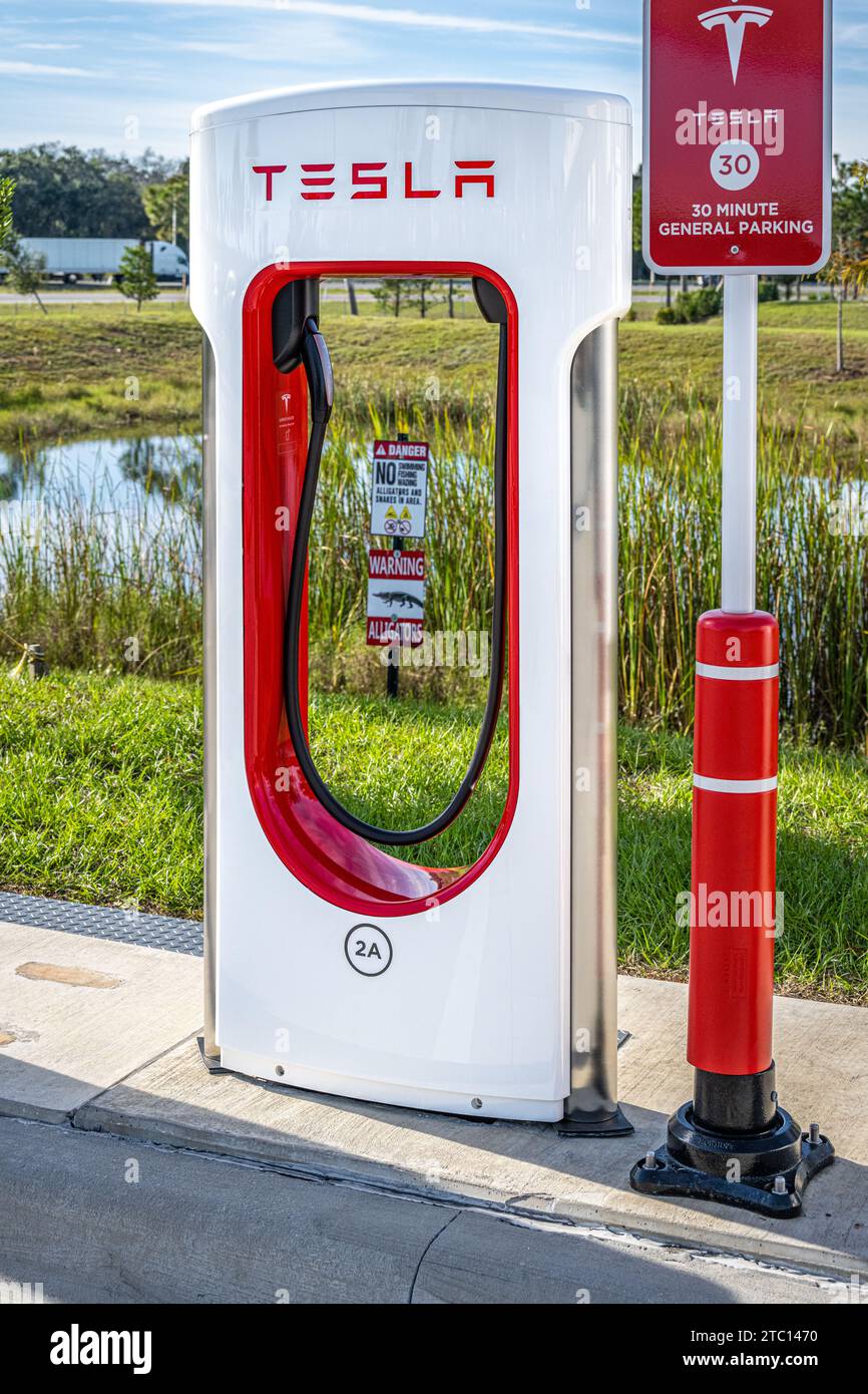 Tesla Supercharger EV station along I95 at Bucees in Datona Beach