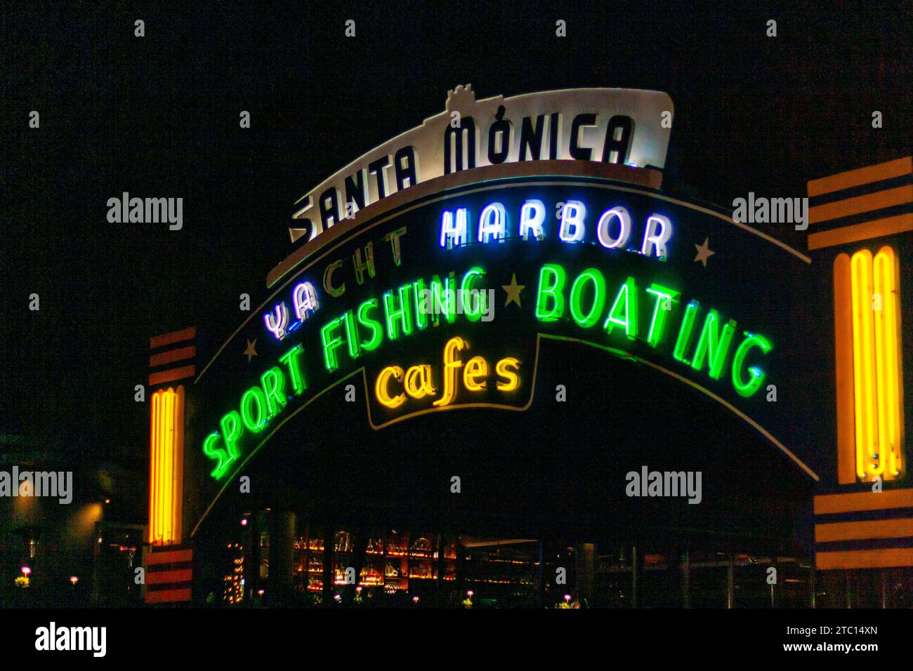 Neon sign at Santa Monica Pier in Santa Monica, California, with some lights out, off, or damaged. Landmark sign at entrance to Santa Monica Pier. Stock Photo