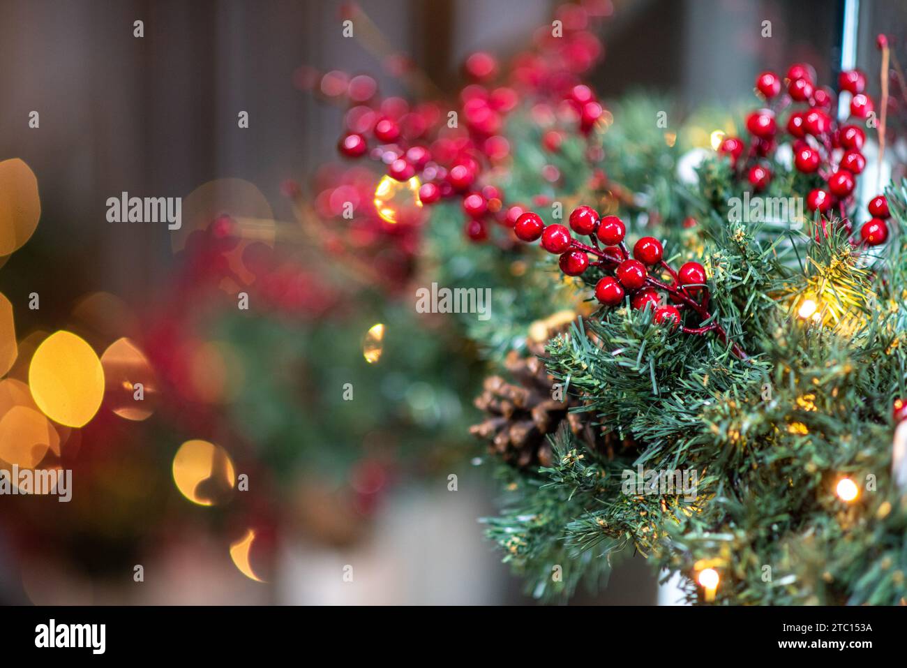 Merry Christmas tree illuminated holidays decorations with selective focus Stock Photo