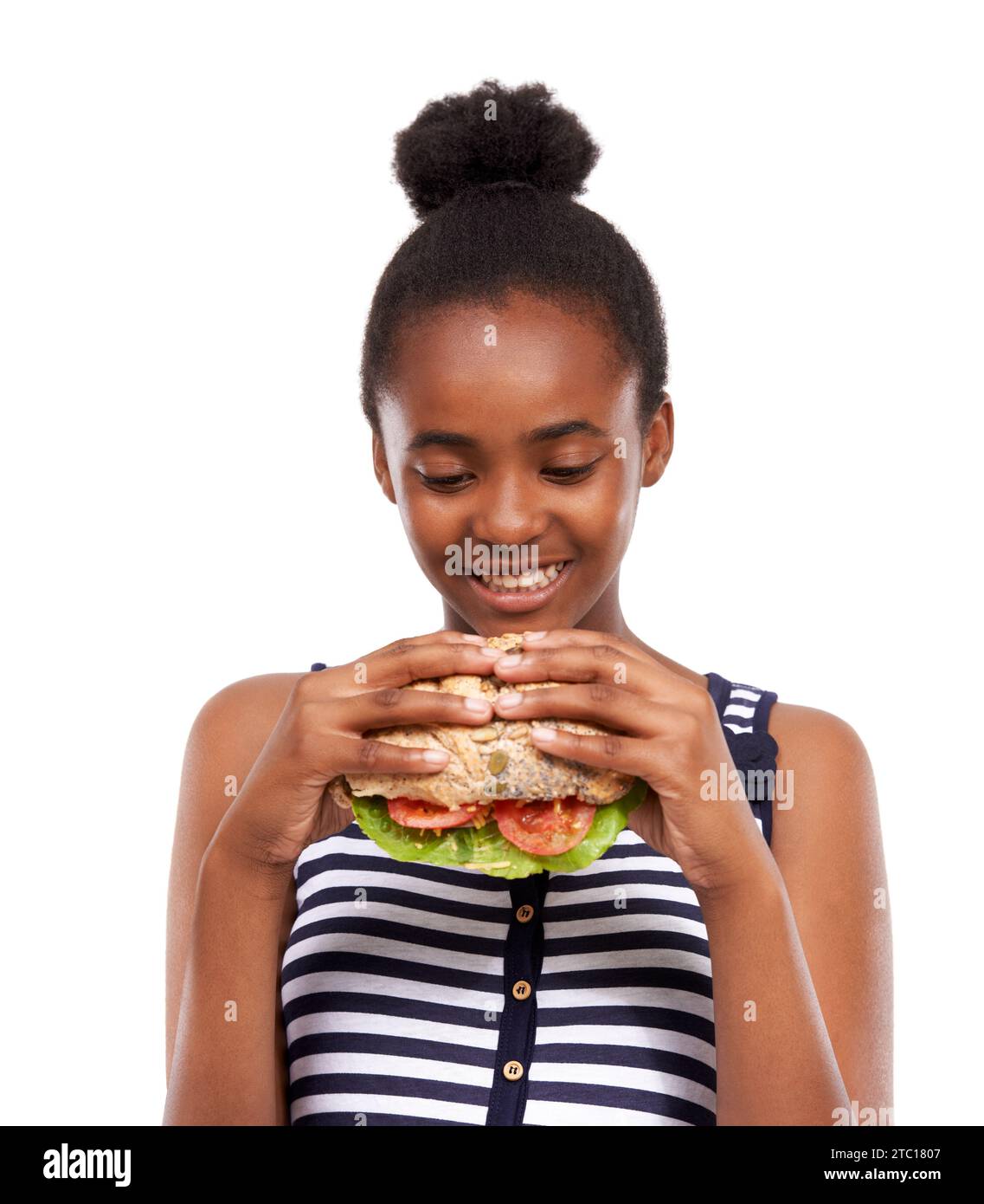 Sandwich Delicious And Woman Eating Fast Food And Happy With Lunch Meal Isolated On A White