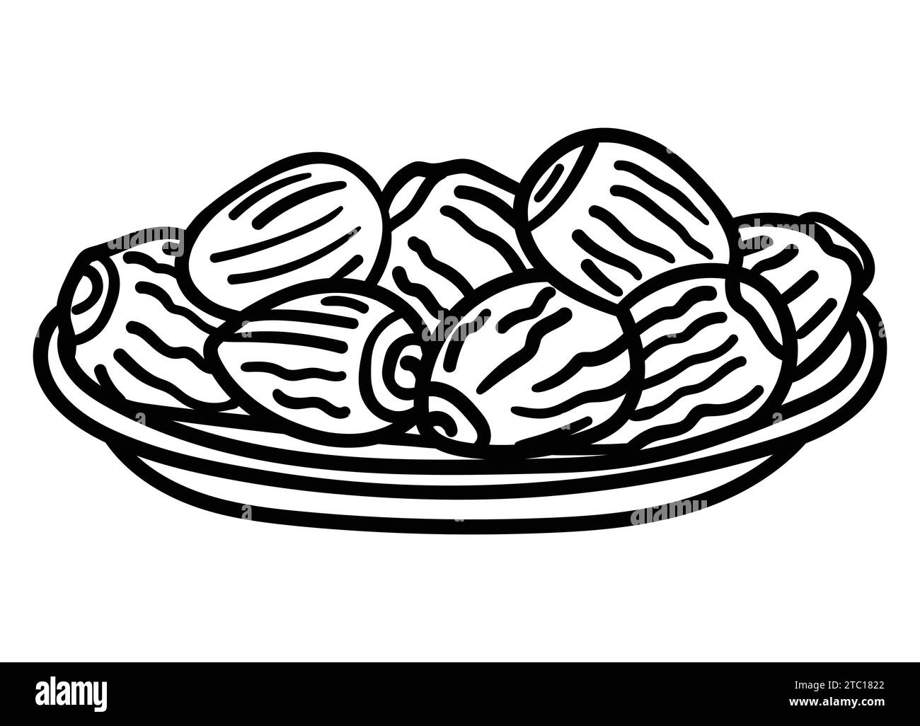 Vector Illustration of Date Fruit on bowl. Phoenix Dried Fruit. logo , line-art, hand-drawn, for web and print Stock Vector