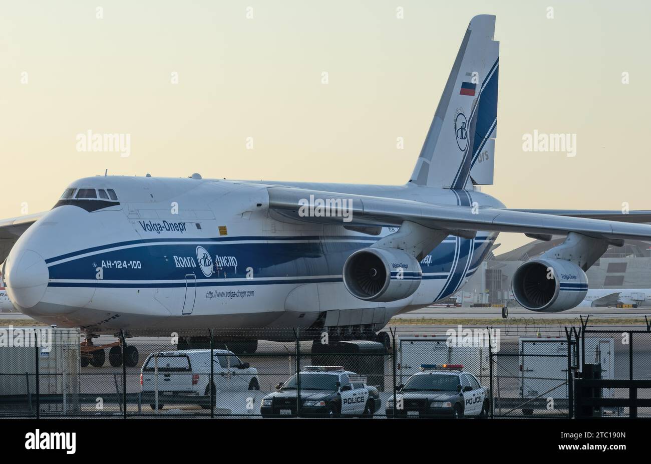 Antonov with registration AH-124-100 shown parked at LAX, Los Angeles International Airport. Stock Photo