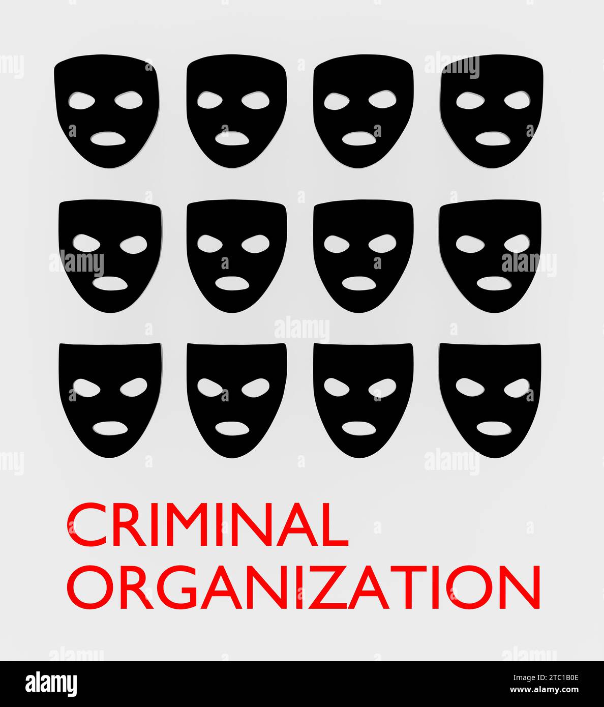 3D illustration of four by three rectangle of robber masks, titled as CRIMINAL ORGANIZATION. Stock Photo