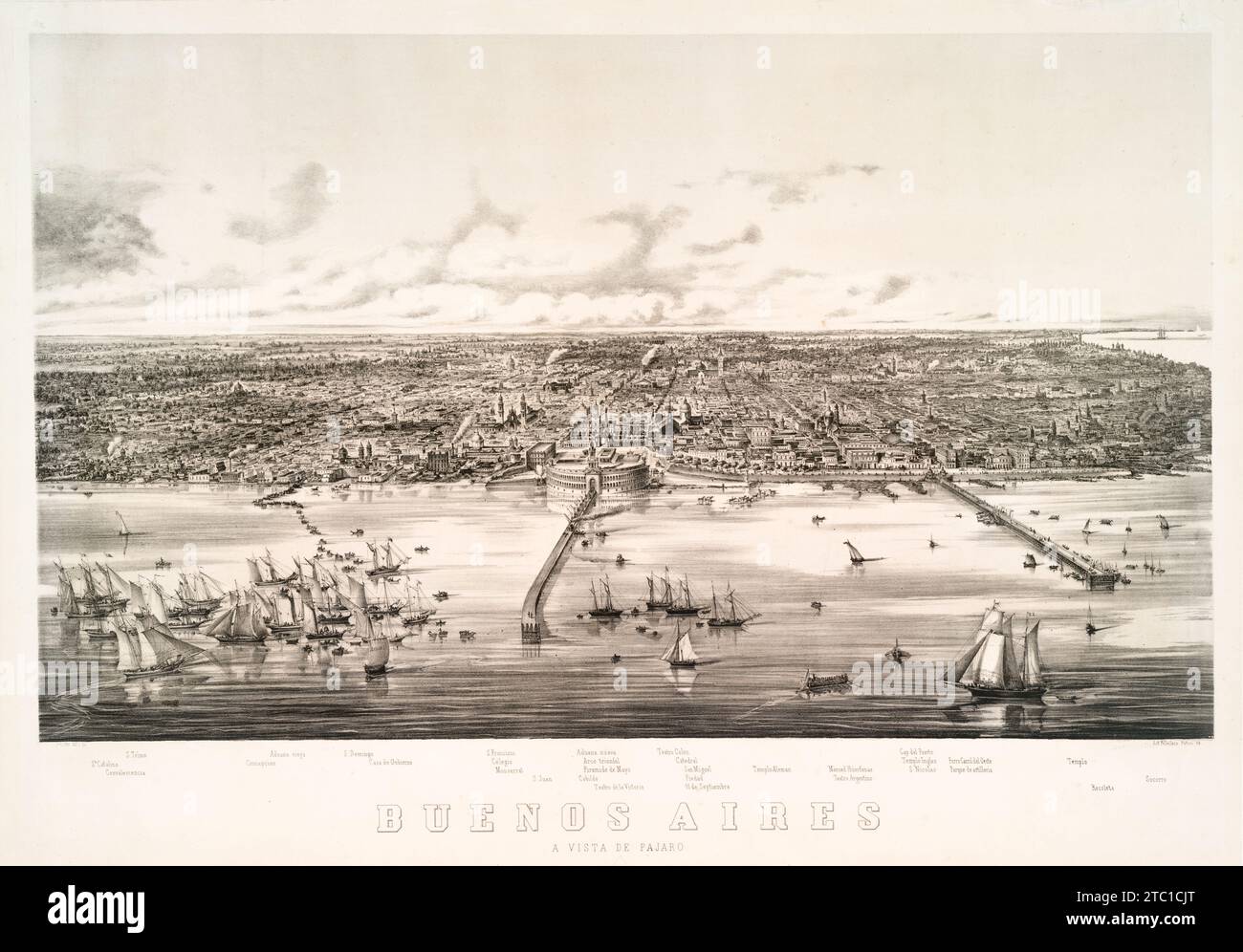 Bird's eye view, panoramic view map of Buenos Aires, Argentina, South America ca. 1860 Stock Photo