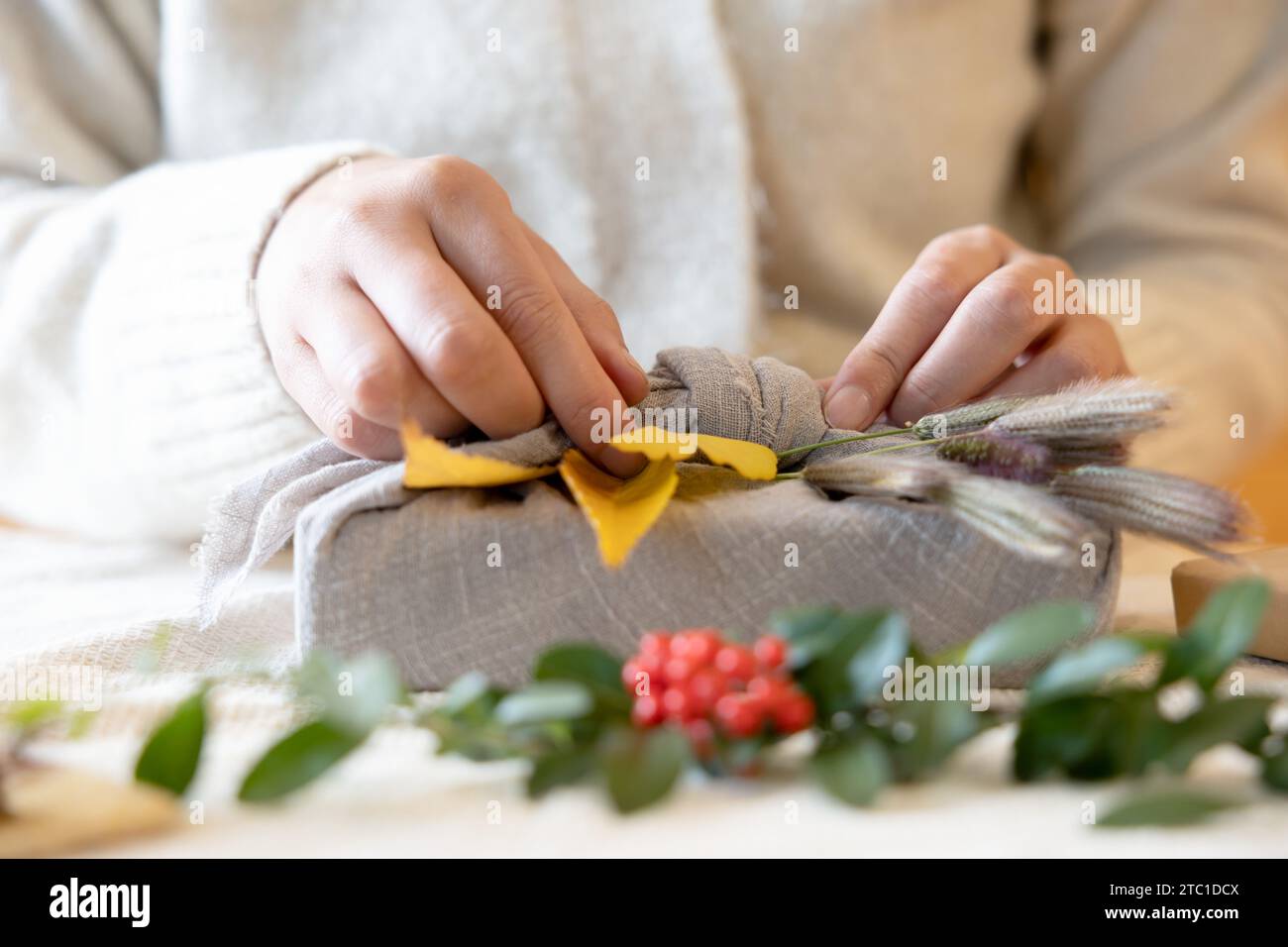 a woman holding a present in her hands at indoor, eco friendly gift packing. out focus Stock Photo