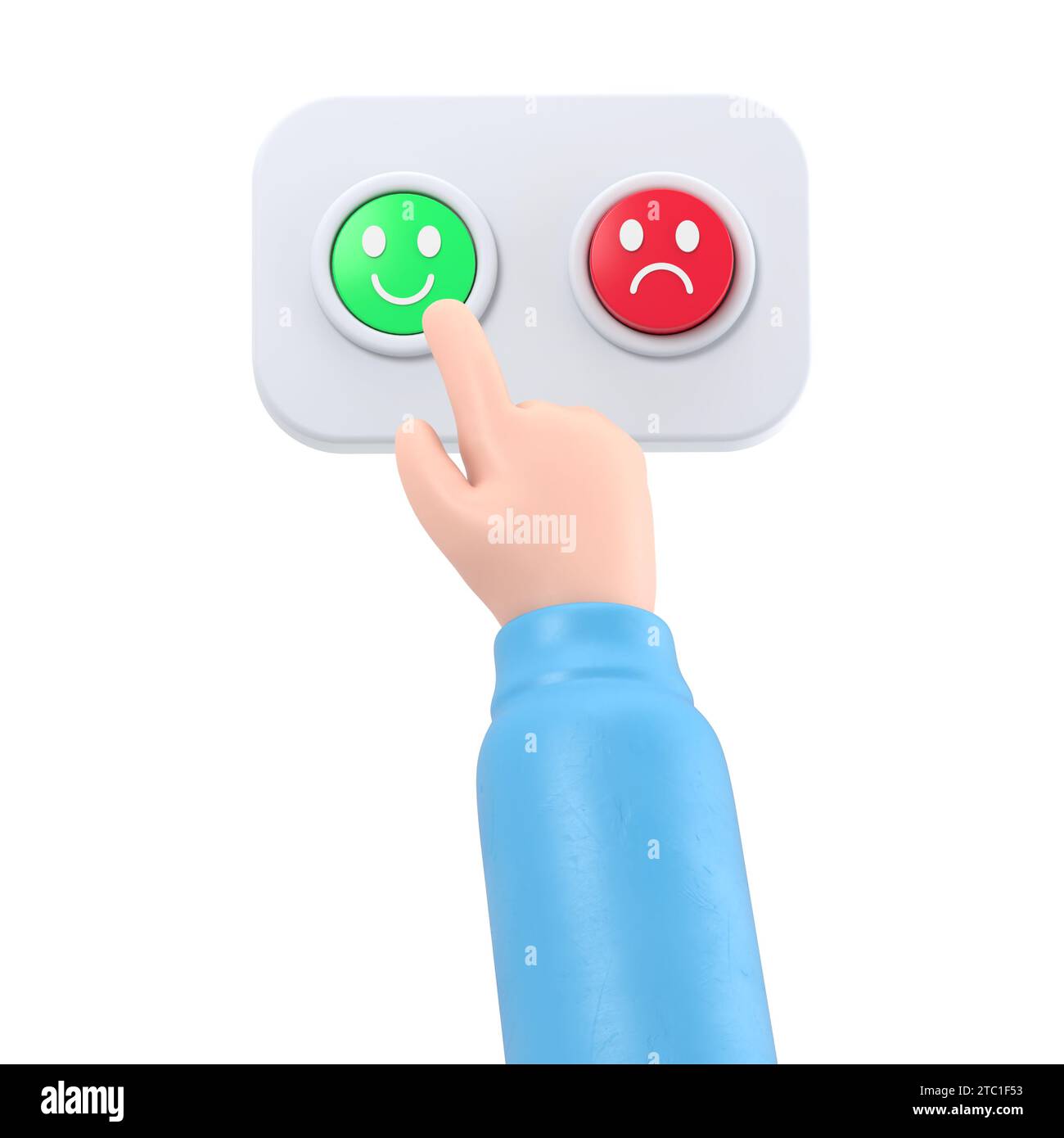 Satisfied customer cartoon hand presses the green button. Business or market clip art. Positive experience emotion.3D rendering on white background. Stock Photo