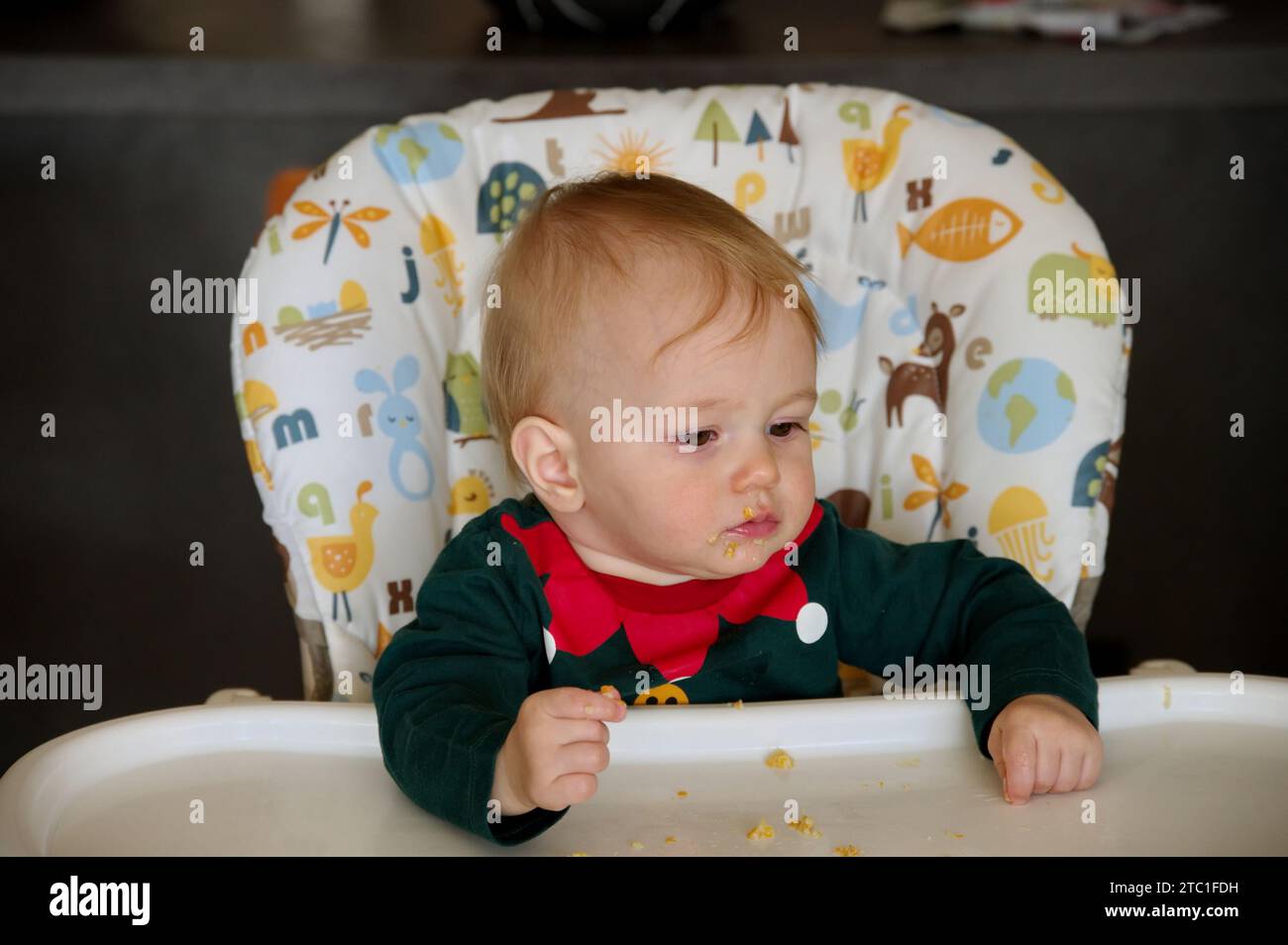 Adorable little baby girl sitting in high chair and eating Stock Photo