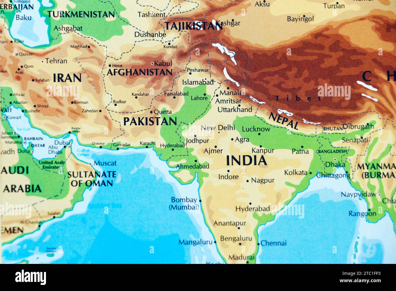world map of asia continent with india, pakistan, nepal, china, iran,afghanistan, turkmenistan, myanmar, oman, uae, dubai Stock Photo