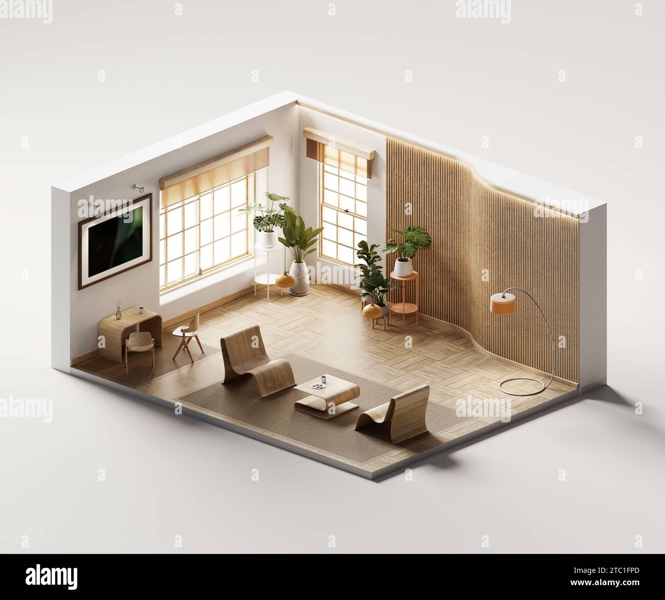 Isometric view living room muji style open inside interior architecture ...