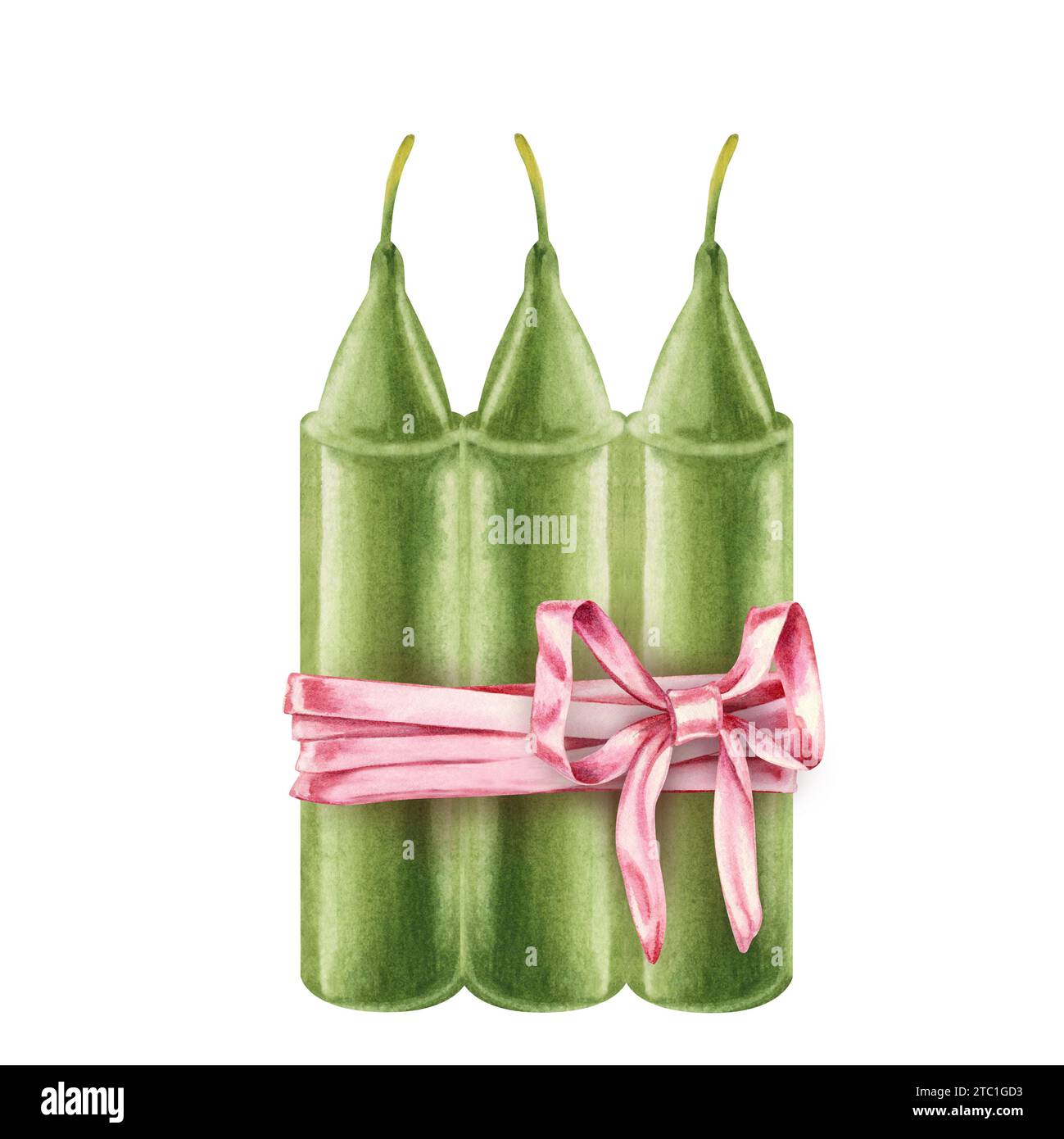 Watercolor green candles with bow for illustrations for Christmas