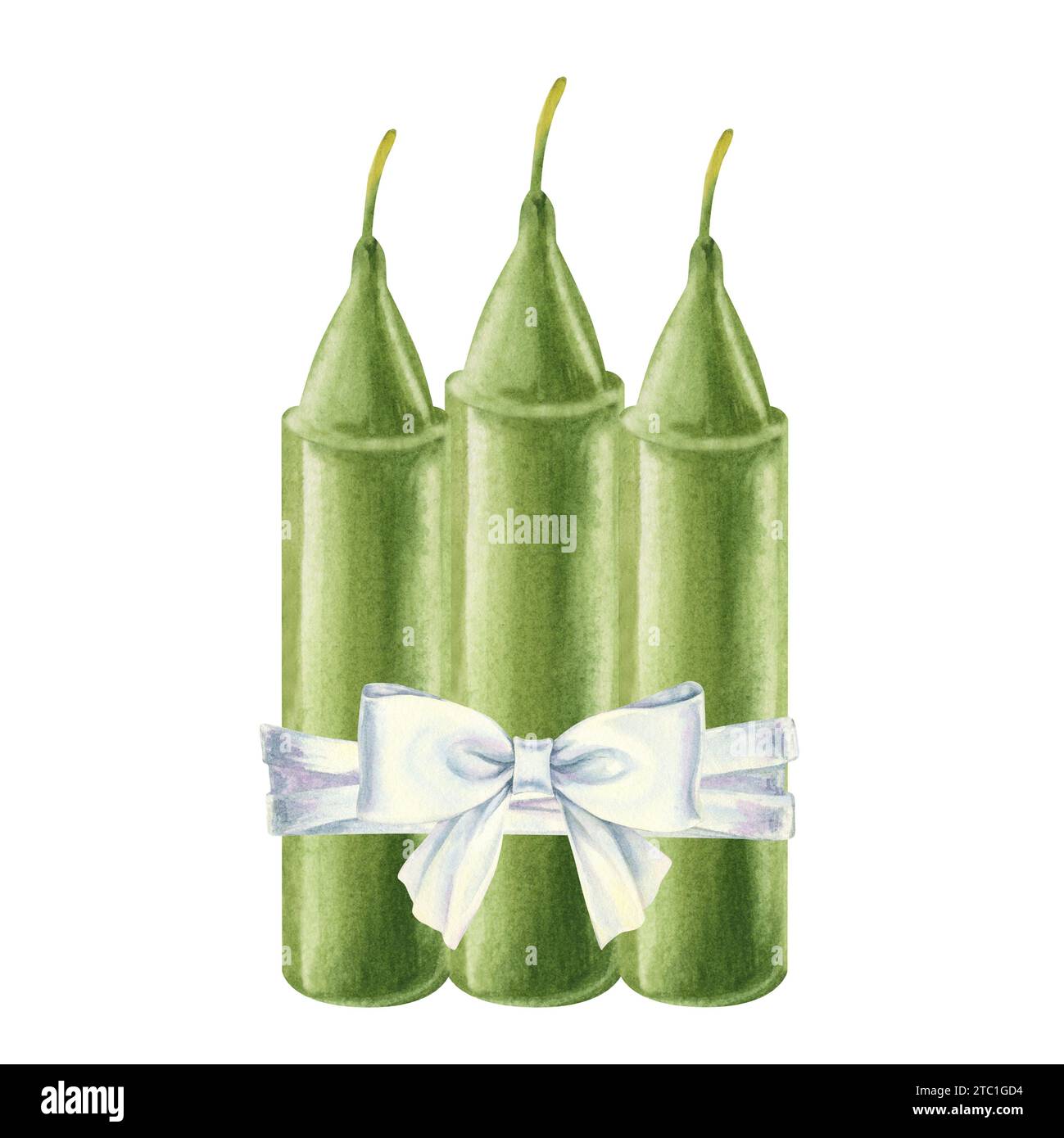 Watercolor green candles with bow for illustrations for Christmas