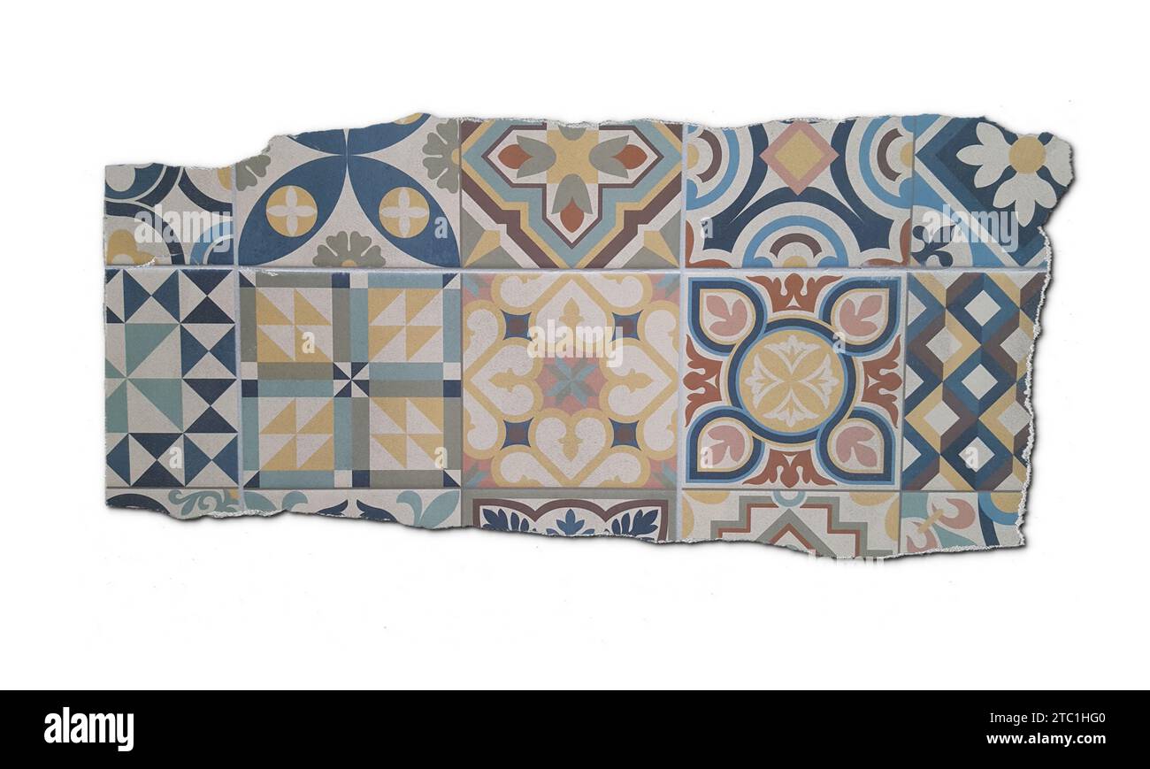 Portuguese sample cutout tiles pattern Azulejo design seamless background of vintage mosaics set Stock Photo