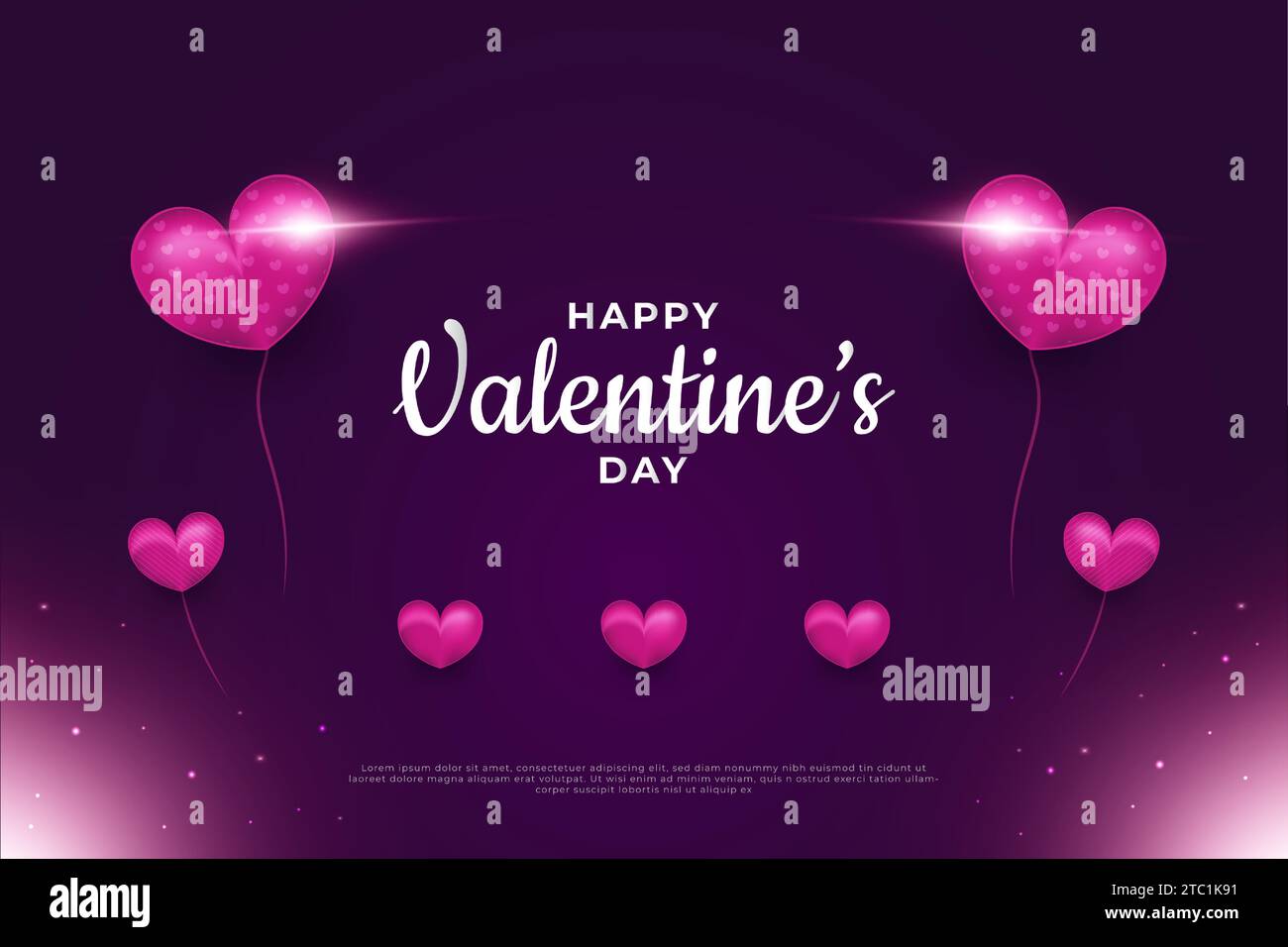 Valentine's day greeting banner with purple heart balloons and glowing ...