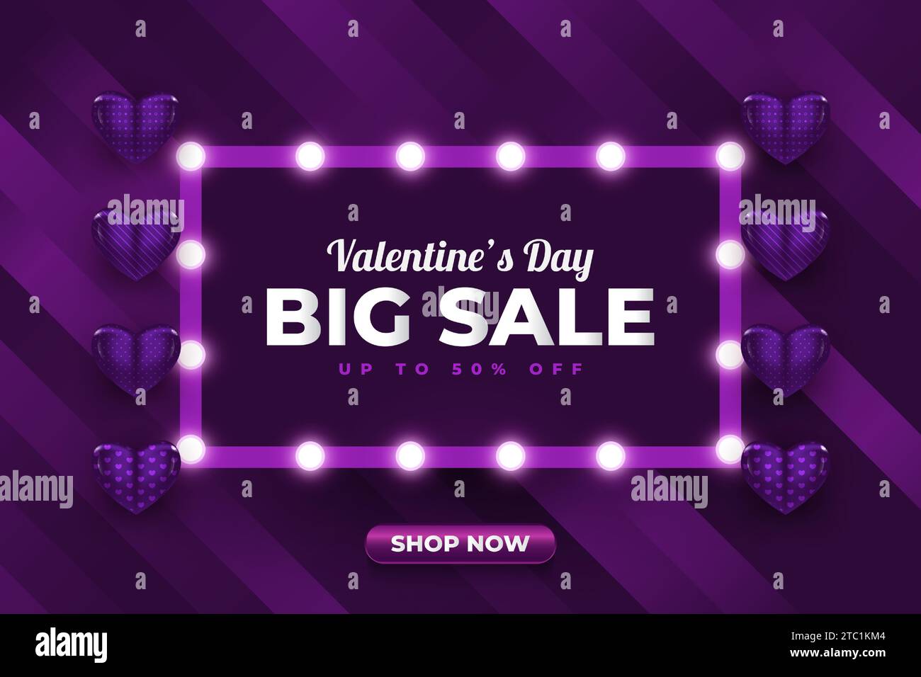 Valentine's day sale banner or poster with glowing lights and 3d hearts