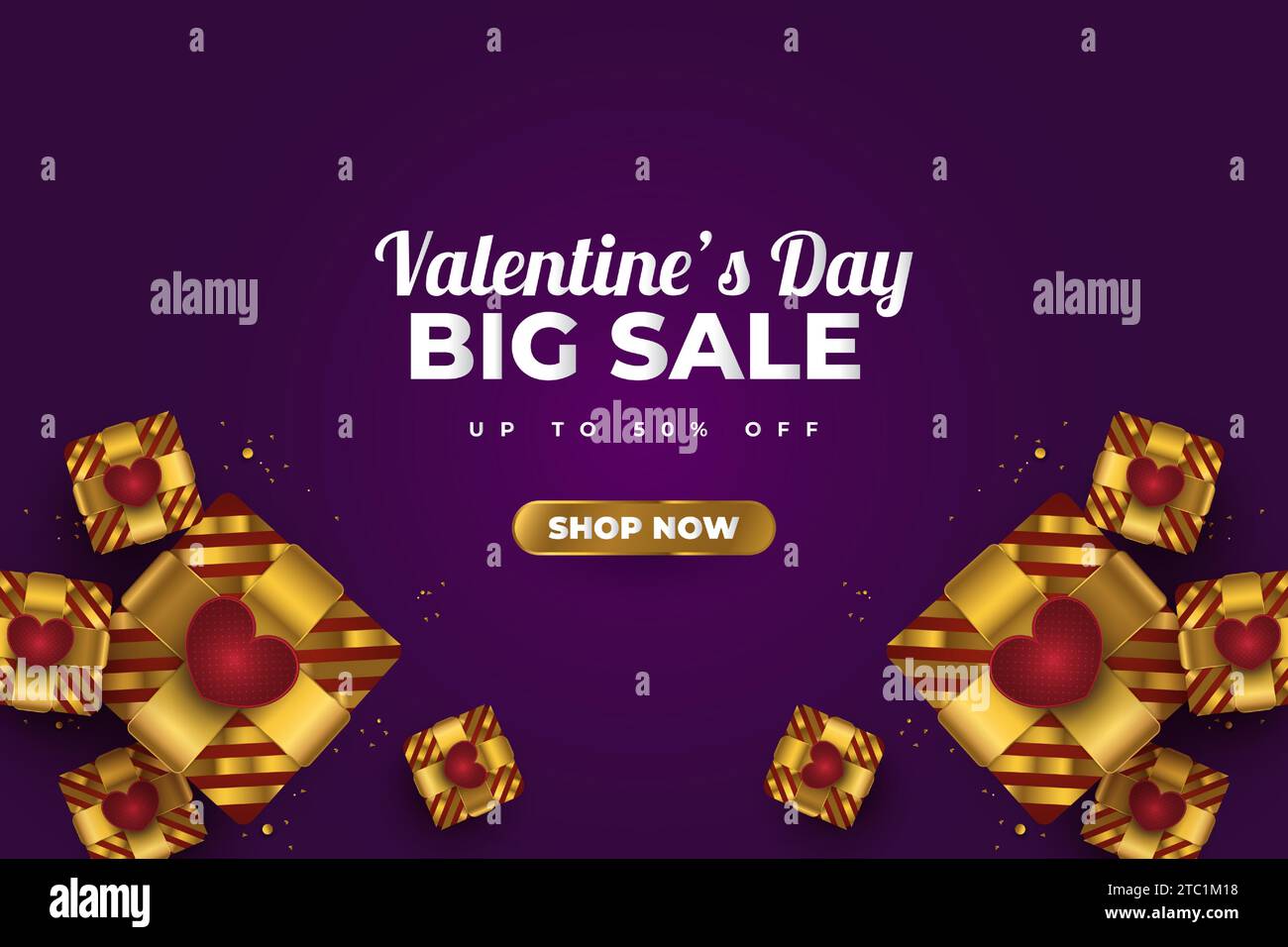 Valentine's day sale banner with realistic gold gift boxes, red hearts