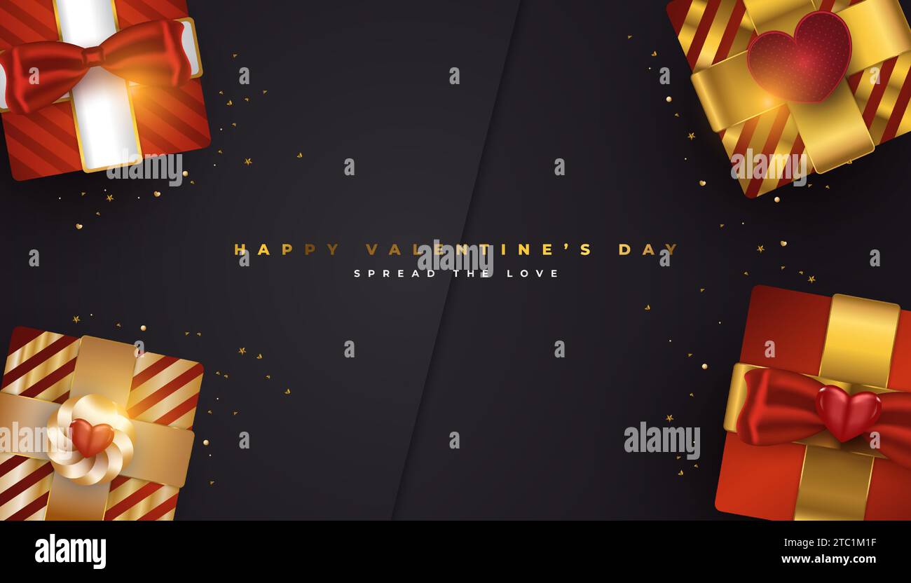 Valentine's day greeting banner with realistic red and gold gift boxes ...